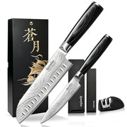 Kearayfon Sogetsu Series Santoku and Petty Knife Set with Sheaths and Sharpener, High-Carbon Stainless, Laser-Etched Pattern, Black Wood Handles