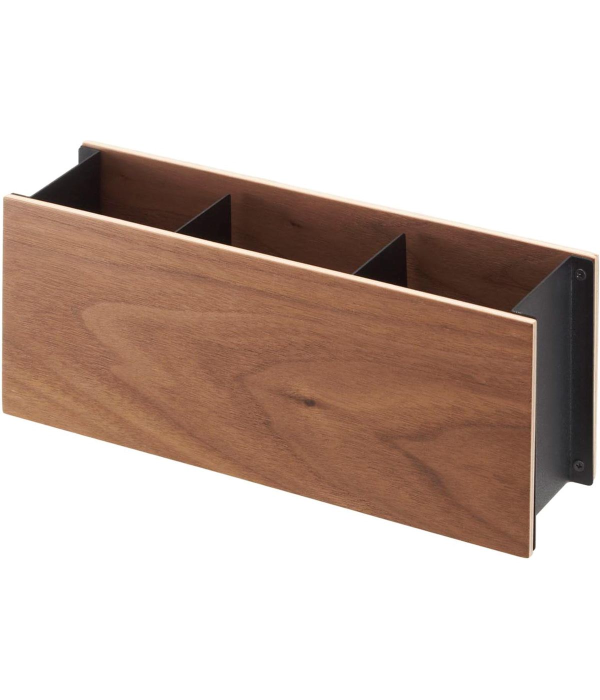 Yamazaki Rin Pen and Remote Control Rack, Wood-Fronted Steel Organizer with Three Compartments, 25 x 7 x 10.2 cm and 500 g, Brown or Natural
