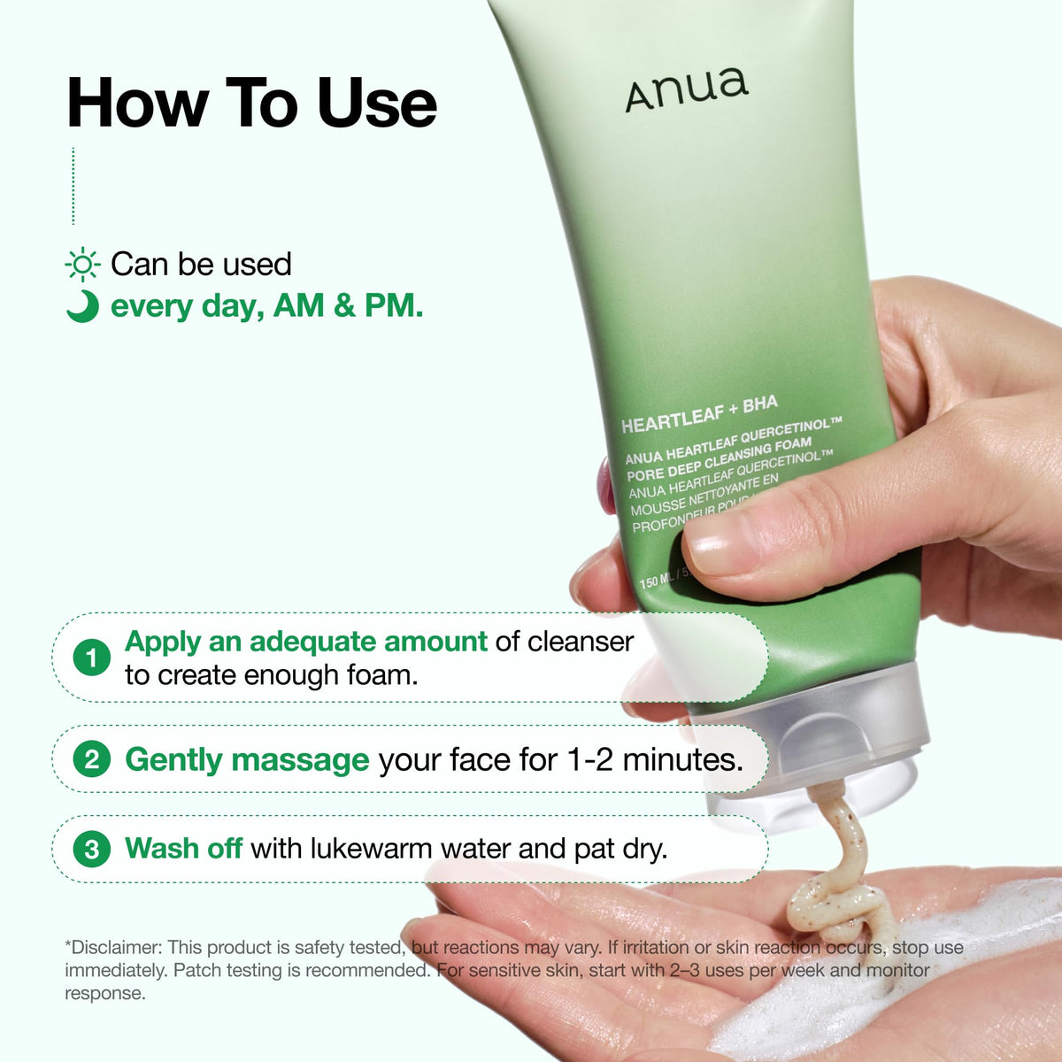 Anua Heartleaf Quercetinol Pore Deep Cleansing Foam, Gentle Exfoliating Face Wash with Heartleaf Powder and BHA, 150 mL