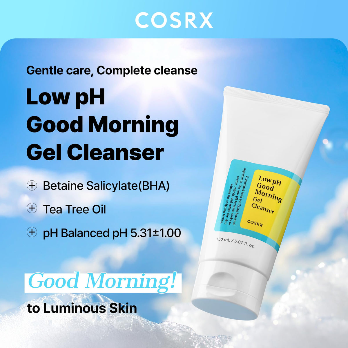 COSRX Low pH Good Morning Gel Cleanser, Gentle Daily Face Wash with BHA and Tea Tree Oil, 150 mL
