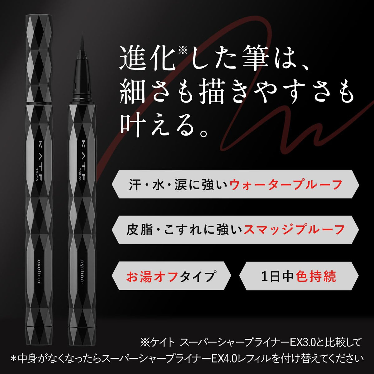 Kate Super Sharp Liner EX4.0 BK-1 Jet Black, Waterproof Smudge-Proof Liquid Eyeliner Holder and Refill Set 0.5 mL