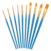 Amazon Basics Paint Brush Set of 10, Blue Wooden Handles with Soft PBT Bristles in Round, Filbert, Flat and Liner Shapes, 17.5 to 19.5 cm, for Watercolour, Acrylic and Oil