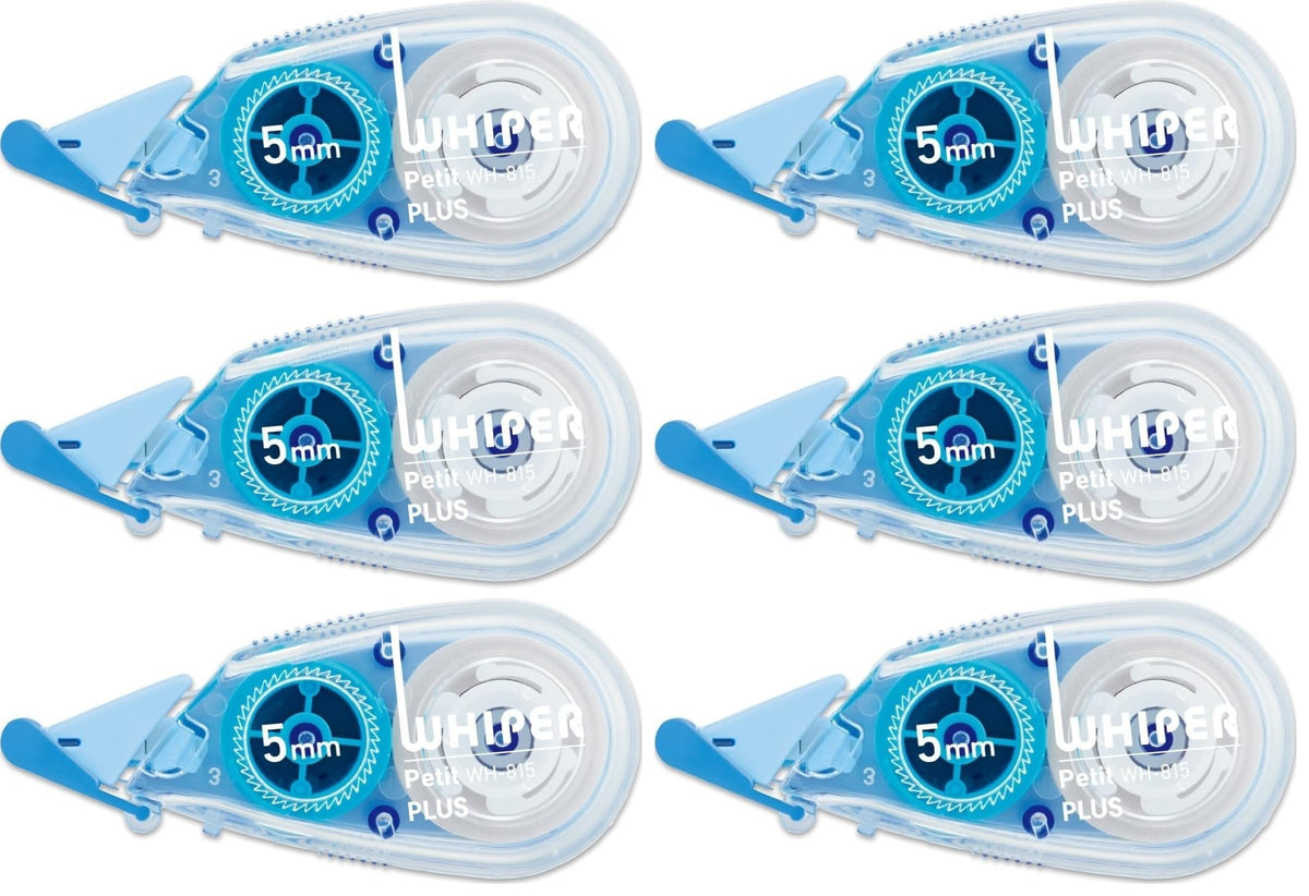 PLUS Whiper Petit Correction Tape 4, 5 or 6 mm x 6 m, Disposable with One-Touch Cap and Press-Fit Head, 58 x 15 x 26 mm Each, Blue, Green or Pink, Packs of 3 to 15