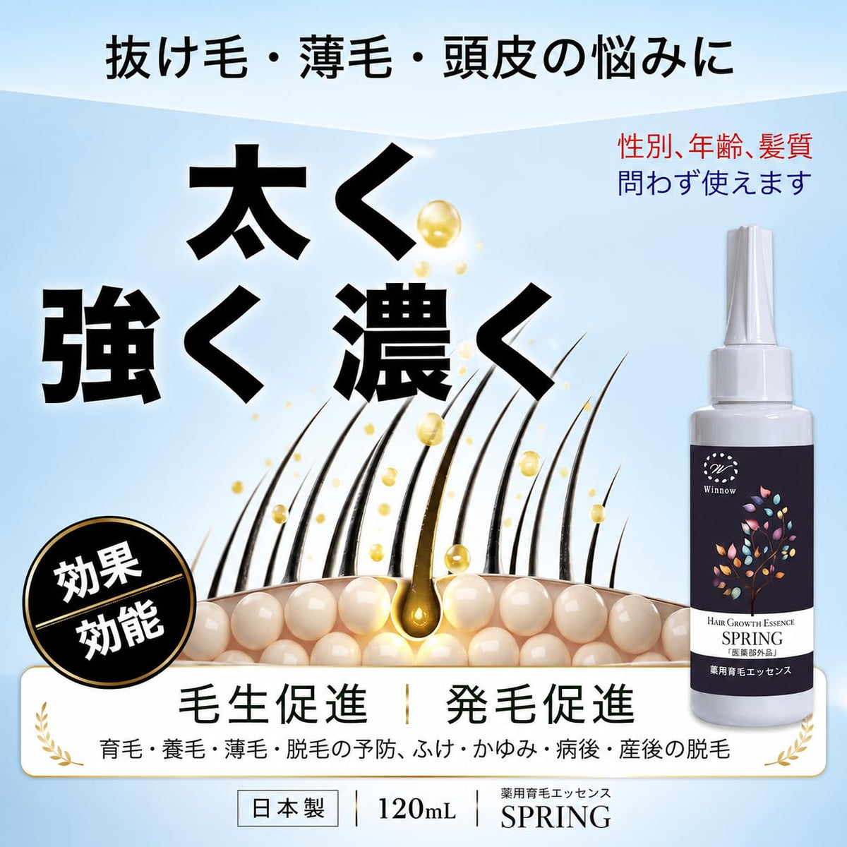 Winnow Medicated Hair Growth Essence SPRING, Quasi-Drug Scalp Care, Fragrance-Free, 120 mL x 3 Bottles, Made in Japan