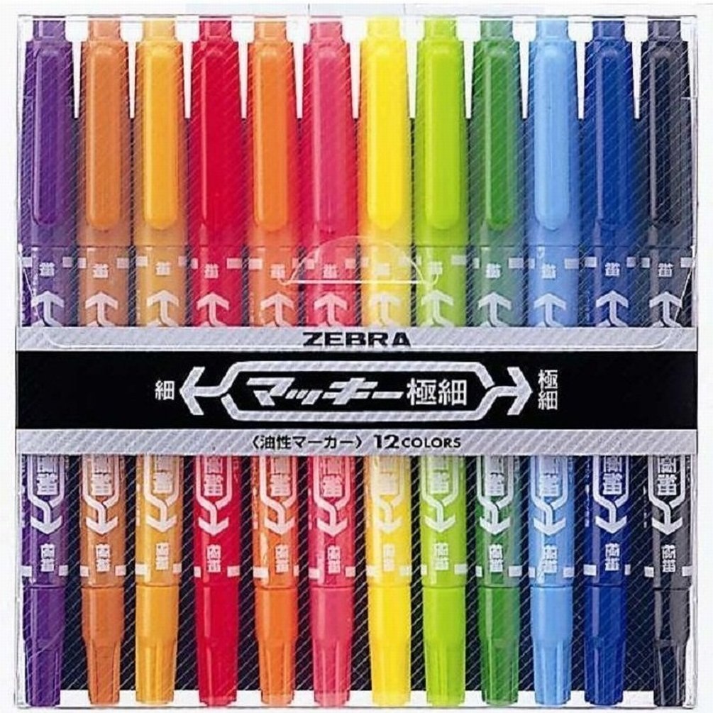 ZEBRA Mackee Gokuboso Twin-Tip Oil-Based Markers MCF-12C, Fine 1.0-1.3 mm and Extra-Fine 0.5 mm, Quick-Drying Water-Resistant Dye Ink, 12 Colours, 11.9 x 141.8 mm per Pen