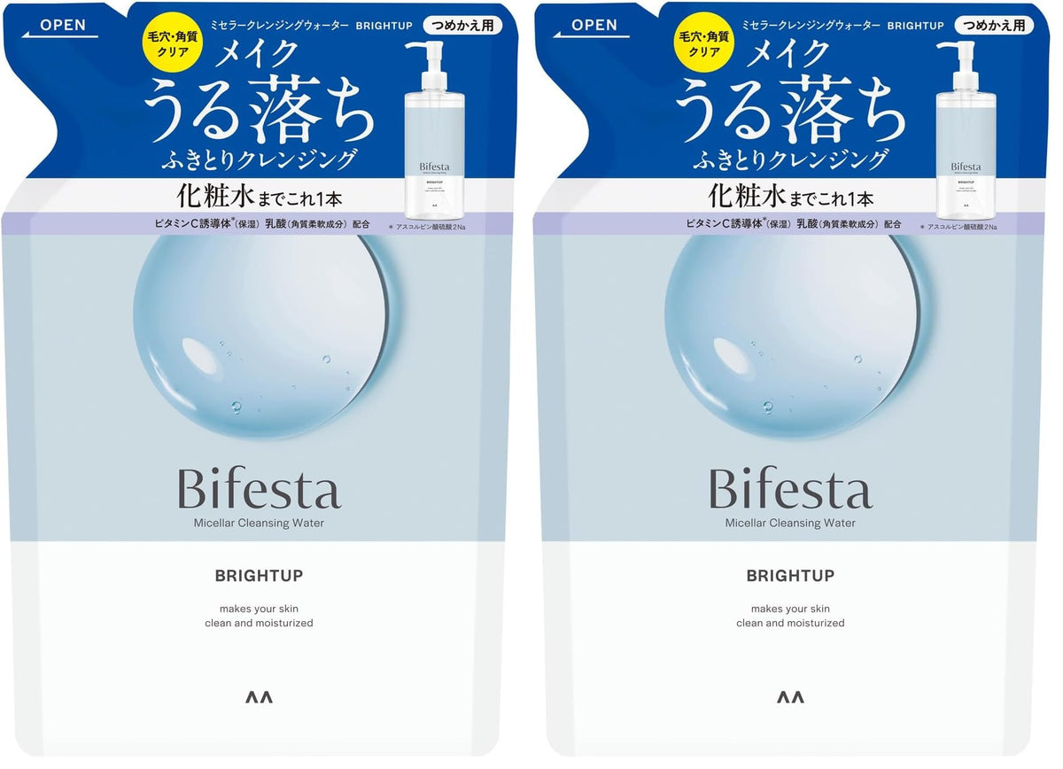 Bifesta Micellar Cleansing Water Bright Up Refill, Alcohol-Free Fragrance-Free Wipe-Off Makeup Remover and Toner with Vitamin C Derivative and Lactic Acid, 360 mL Pouch