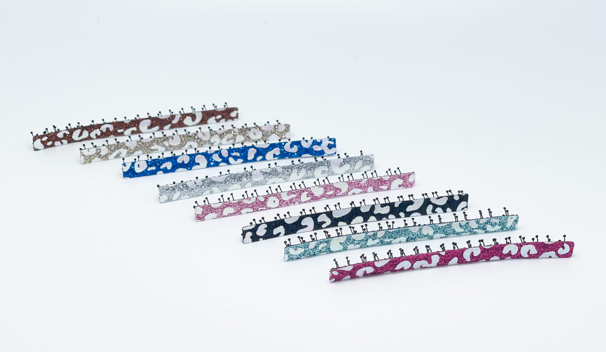 Glitter Pattern Slim Rectangle No-Crease Hair Clips for Bangs, 74 x 5.8 mm, Made in Japan, Sets of 3 or 8 Colors