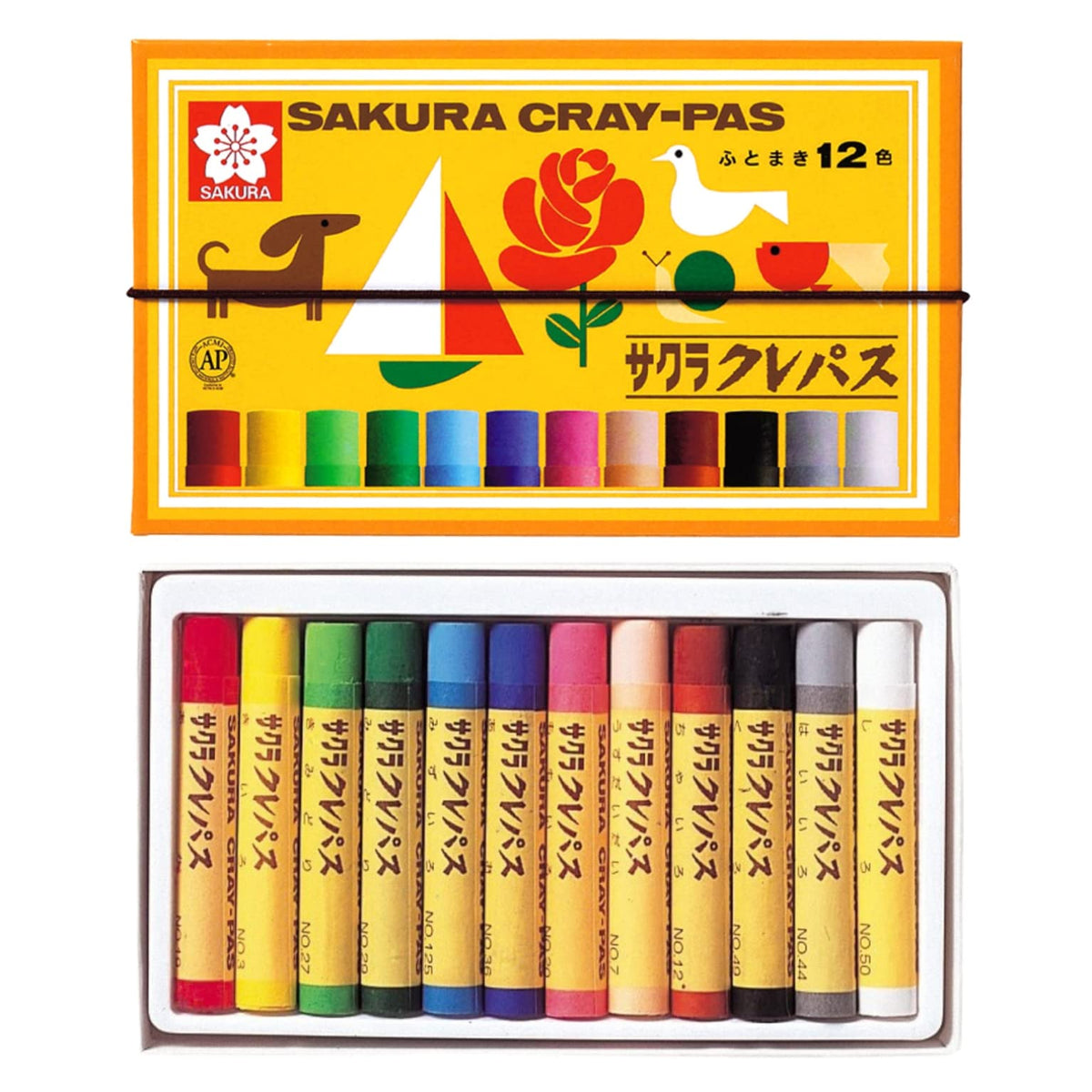 SAKURA Cray-Pas Oil Pastels LP12R, Soft Blendable Oil Pastel Sticks 11 x 71 mm, 12 Colours in a Box with Rubber Band