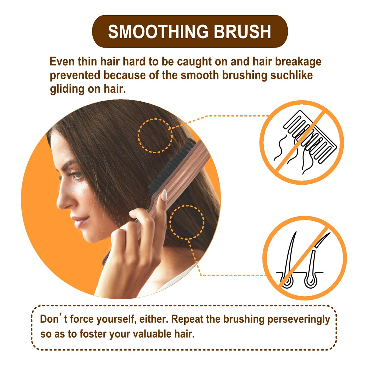 VESS Hairbrush Without Pain on Skin, Natural Hog Bristle Brushing Brush, JI-1300