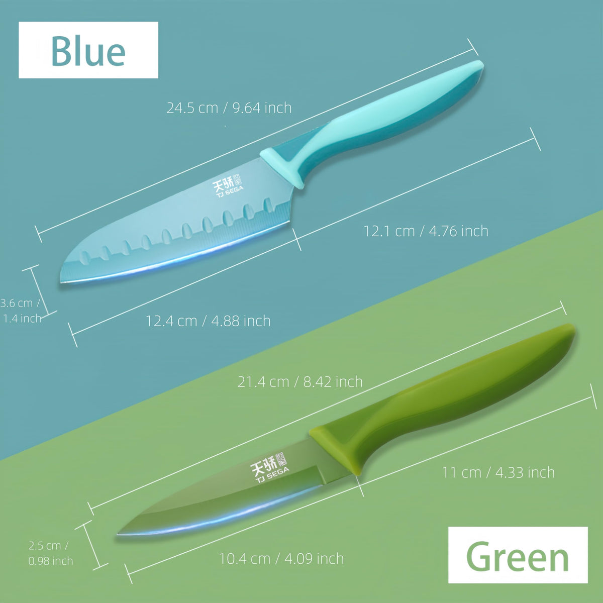 TJ POP Small Santoku and Petty Knife 2-Piece Set with Sheaths, Non-Stick Coated, Blue and Green