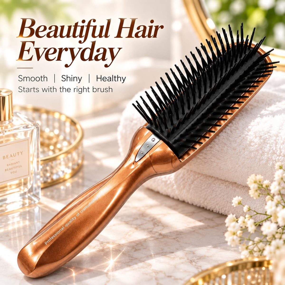 Anti-Static 7-Row Curly Hair Brush with Electric Ground Plate and Nasron Fiber, Gold or Pink, Made in Japan