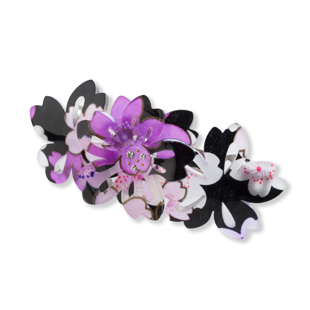 Noren Japanese Pattern Sakura Hair Barrette 863, Acrylic with Japanese Fabric and Rhinestone, Made in Taiwan, Purple or Pink