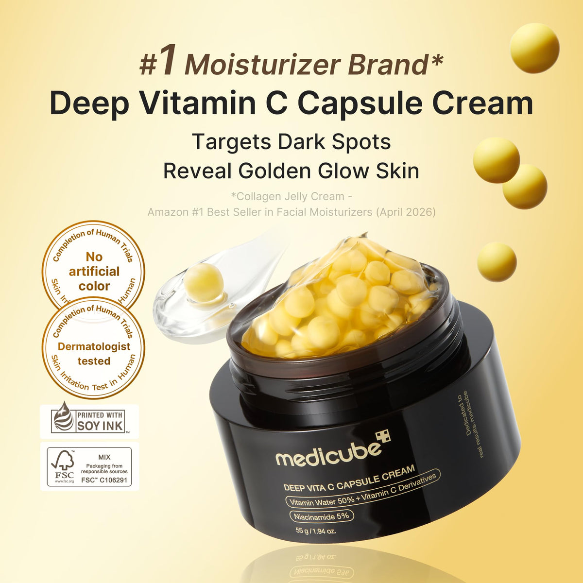 medicube Deep Vita C Capsule Cream, Vitamin Water 50% and Niacinamide 5% Glow Cream, 55 g