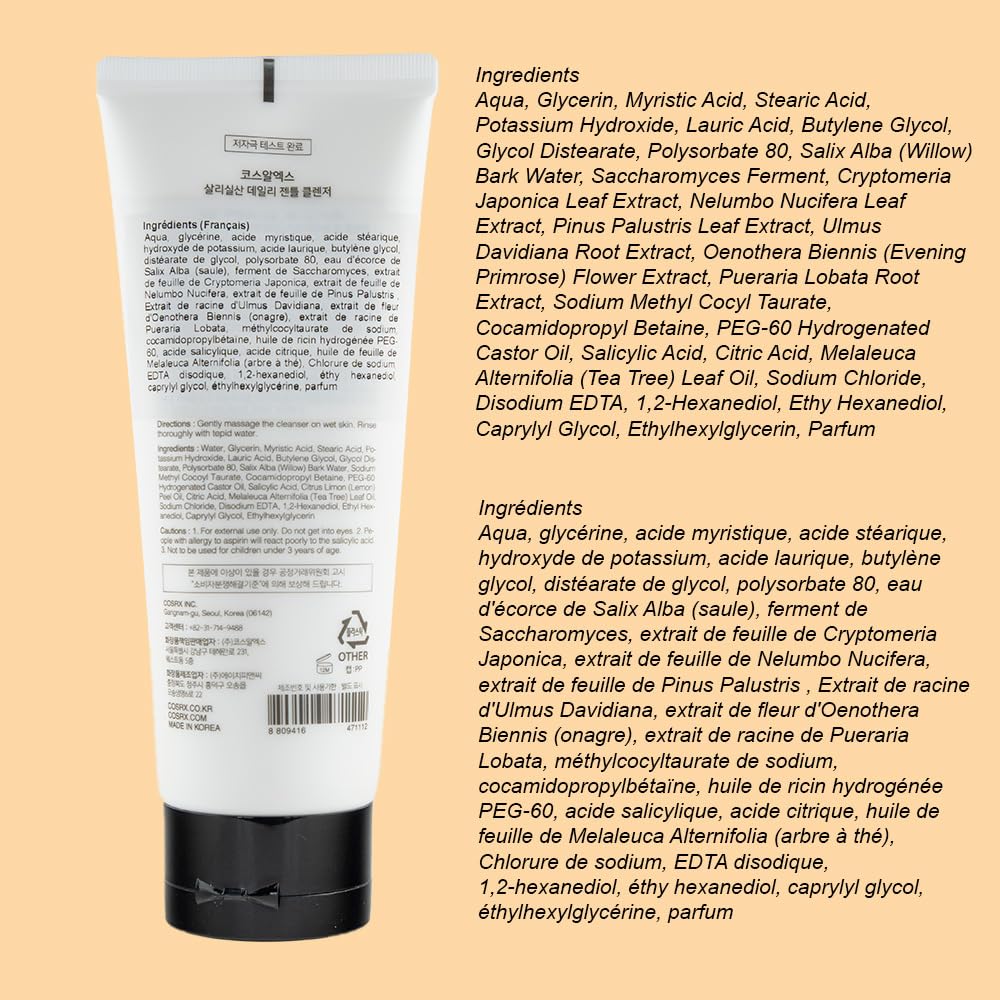 COSRX Salicylic Acid Daily Gentle Cleanser, 0.5% Salicylic Acid Tea Tree Face Cleanser, 150 mL