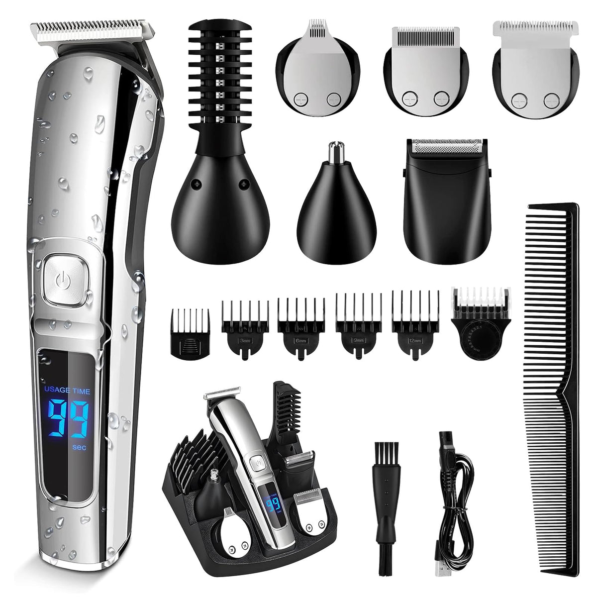Beedove FK-8688T Body Groomer Kit, 6-Head Rechargeable Trimmer with Limit Combs, 2 Speed Modes and Charging Base, IPX7 Waterproof, 1-12 mm