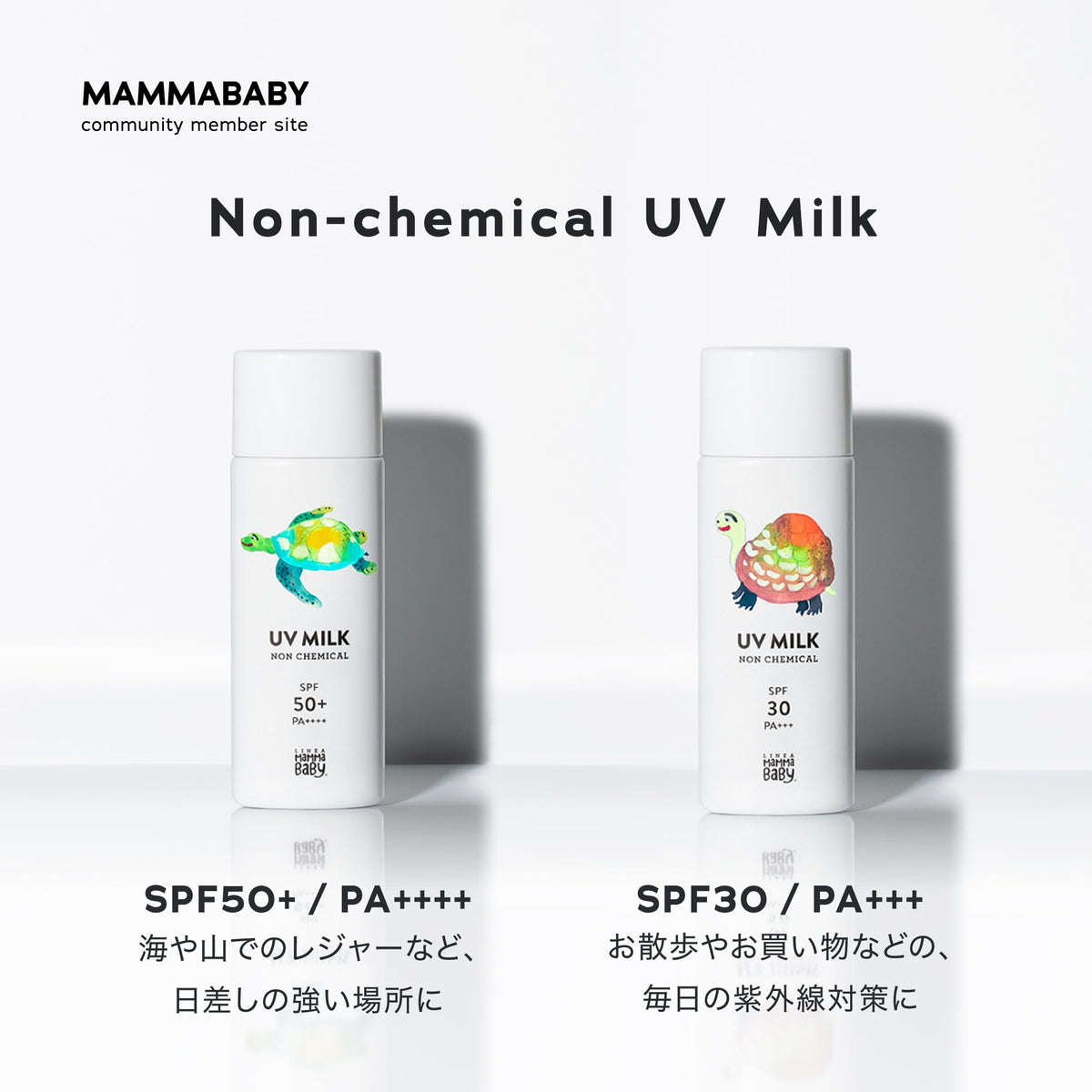 Mamma Baby Non-Chemical UV Milk, Plant-Derived Mineral Sunscreen without UV Absorbers or Silicone, Soap-Off, SPF50+ PA++++ or SPF30 PA+++, 50 mL