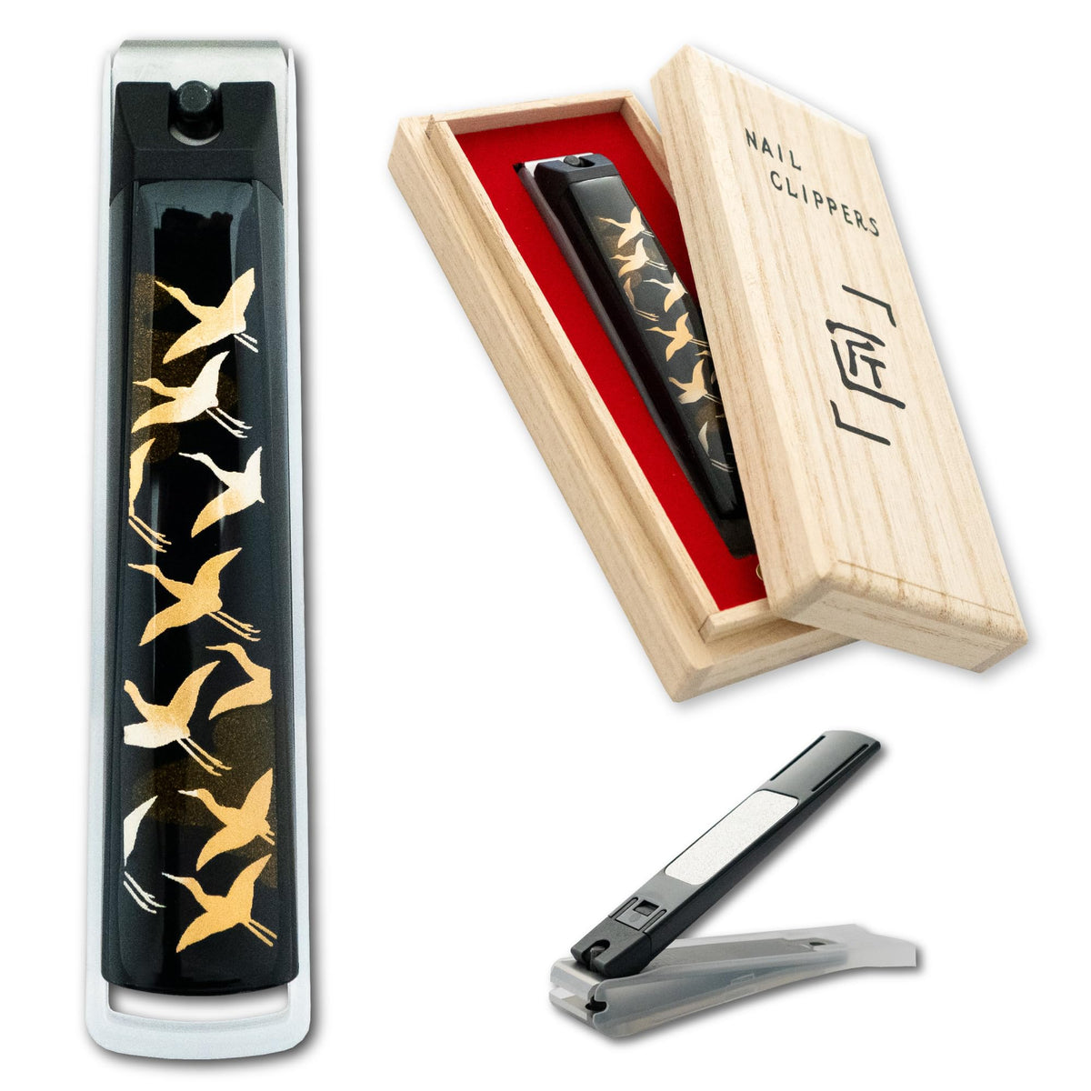 Maki-e Lacquer Nail Clipper in a Paulownia Wood Gift Box, Large Stainless Straight-Edge Clipper Made in Japan, Weeping Cherry, Thousand Cranes or Mt. Fuji and Sakura