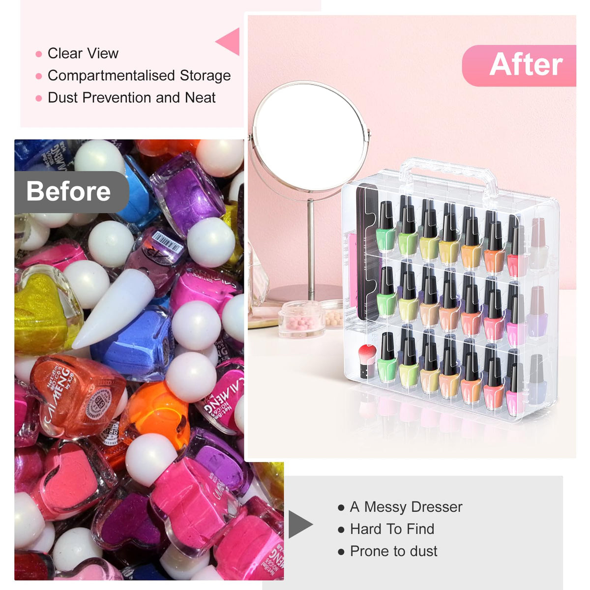 Beloving Clear Nail Polish Organizer for 48 Bottles, Double-Sided Portable Polish Storage Case with 6 Adjustable Spacers