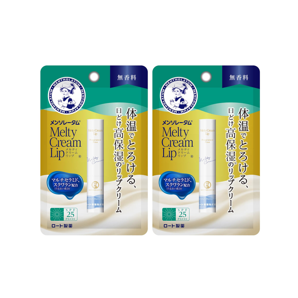 Mentholatum Melty Cream Lip, Fragrance-Free, 2.4 g x 2 Pack, SPF25 PA+++ Lip Balm with Multi-Ceramide and Squalane That Melts on Contact with Lips