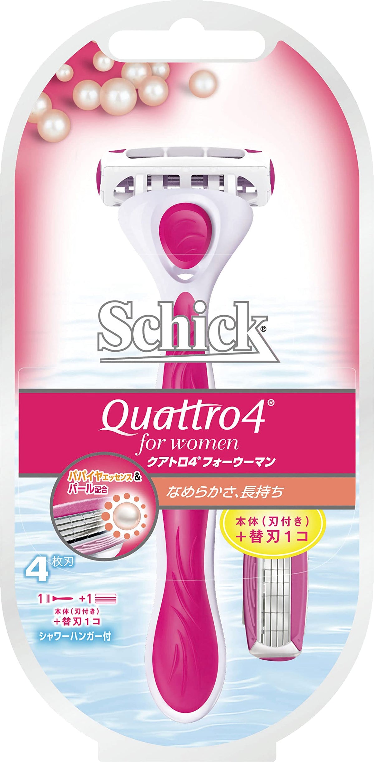Schick Quattro 4 for Women Razor, 4-Blade Holder with Spare Blade, Papaya Essence and Pearl Smoother, Pink