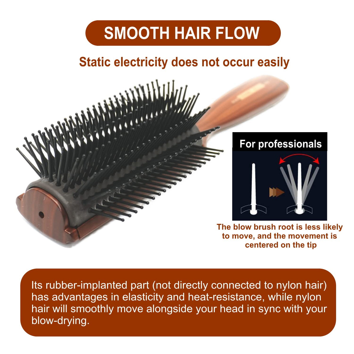 VESS C-2000 Professional Hair Brush, 9-Row Tourmaline Ceramic with Round-Tip Nylon Bristles and Curved Pad, Wood-Grain Brown