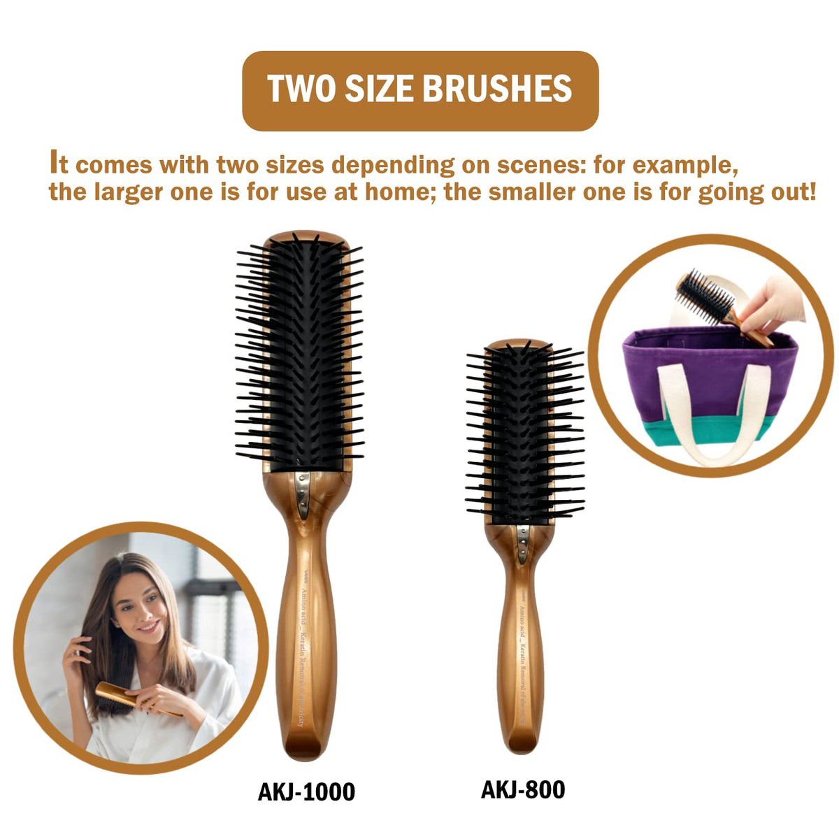 Anti-Static Round Blow-Dry Brush with Stainless-Steel Charged Fibers and a Grounding Wire, Small 17 cm or 2XL 22 cm, Gold-Brown Handle