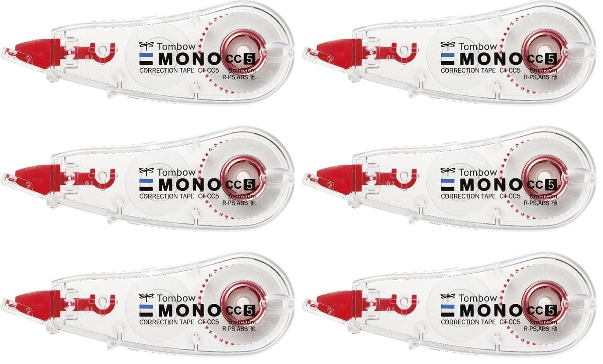 Tombow Mono CC Disposable Correction Tape, 5, 6 or 8.4 mm Wide and 6 m Long, Compact Vertical-Pull with Cover Head and Wobble-Correcting Head, 27 x 17 x 73 mm and 11 g Each, Packs of 3 to 10
