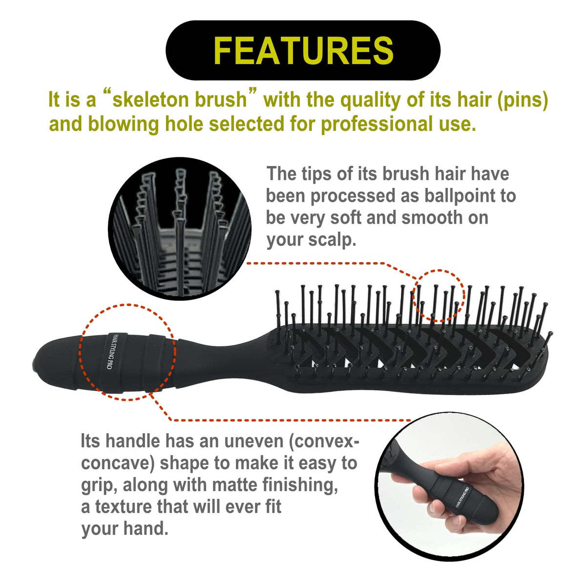 VESS Hair Styling Pro Skeleton Brush SPR-1200, 7-Row Nylon Vent Brush with Lambda Blow Holes, Matte Black, Made in Japan