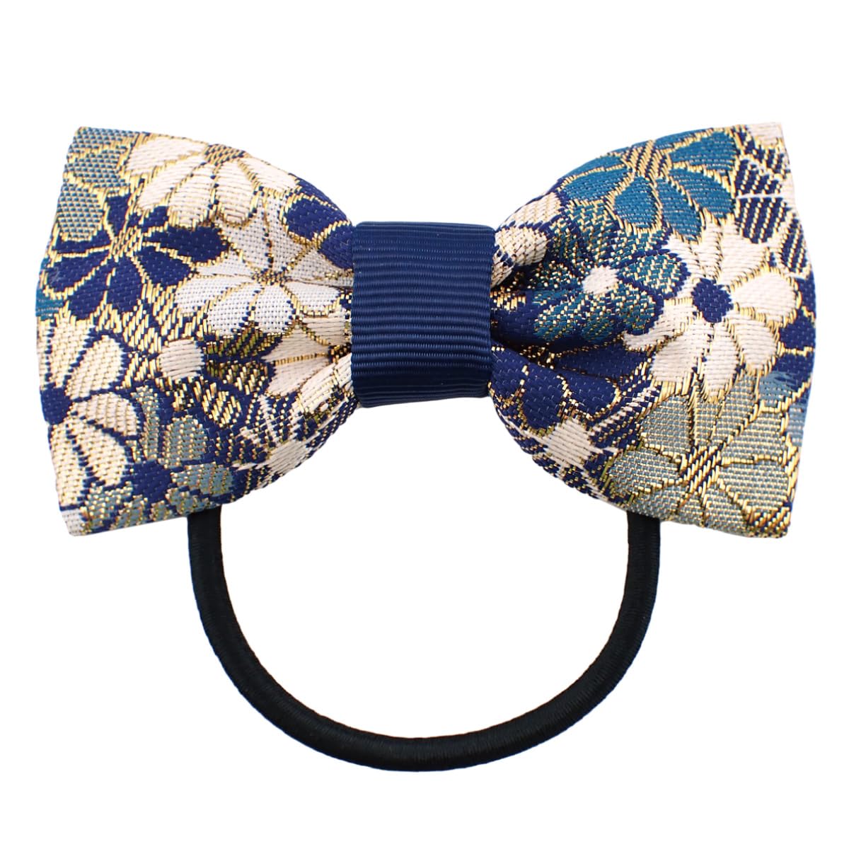 Nishijin-Ori Bow Hair Tie for Women, Made in Japan Kyoto Gold Brocade Floral Two-Tone Elastic Hair Band