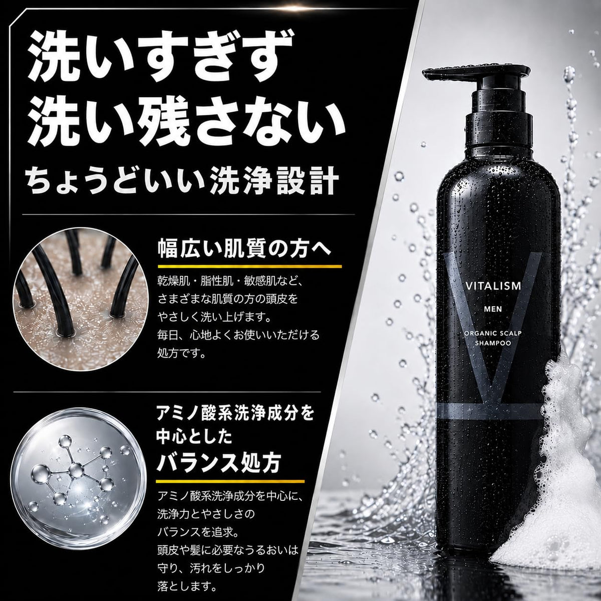 Men's Organic Scalp Shampoo, Silicone-Free Amino-Acid Scalp Shampoo for Oily, Dry and Combination Scalps, Citrus Green Scent, 500 mL or 350 mL