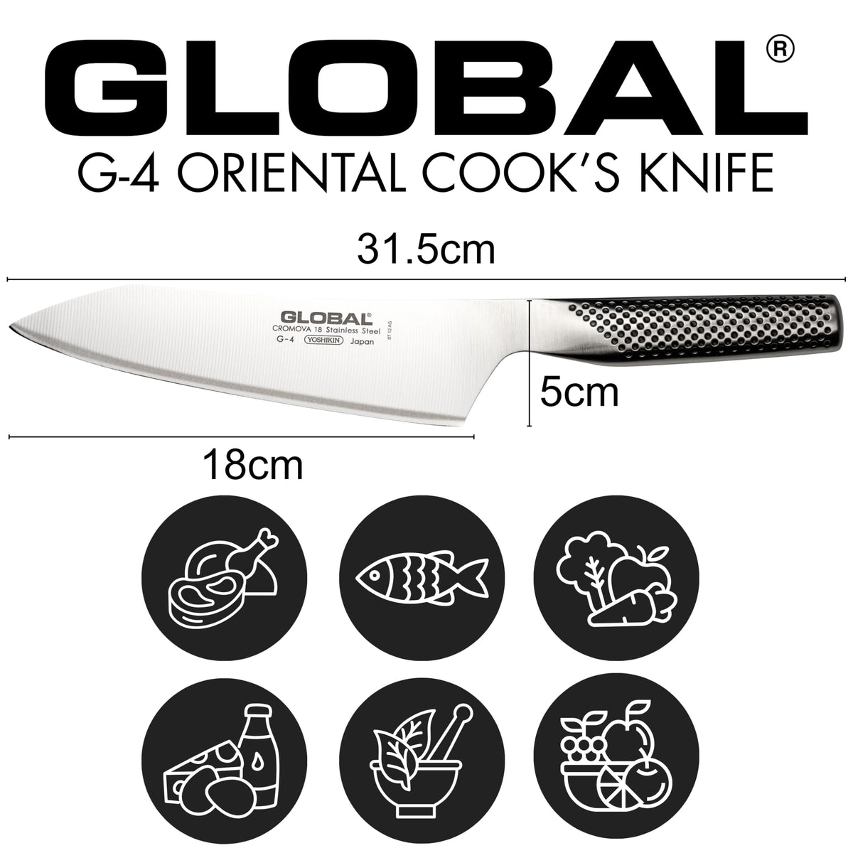 Global G-4 Oriental Cook's (Bunka) Knife 18 cm, One-Piece CROMOVA 18 Steel