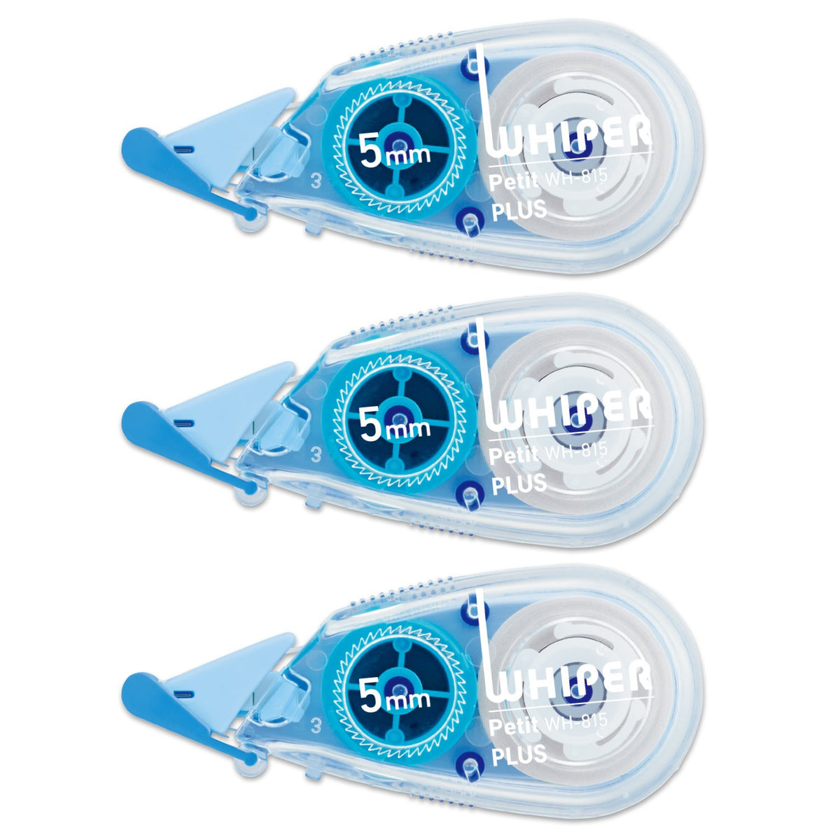 PLUS Whiper Petit Correction Tape 4, 5 or 6 mm x 6 m, Disposable with One-Touch Cap and Press-Fit Head, 58 x 15 x 26 mm Each, Blue, Green or Pink, Packs of 3 to 15