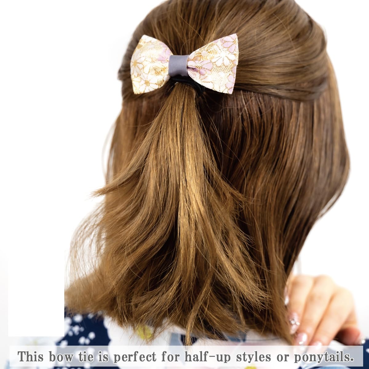 Nishijin-Ori Bow Hair Tie for Women, Made in Japan Kyoto Gold Brocade Floral Two-Tone Elastic Hair Band