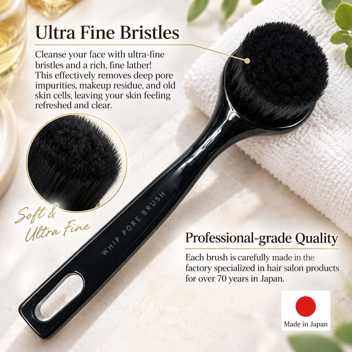 Ultra Fine Bristle Pore Cleansing Face Brush, Whip Pore Brush, Black, Made in Japan