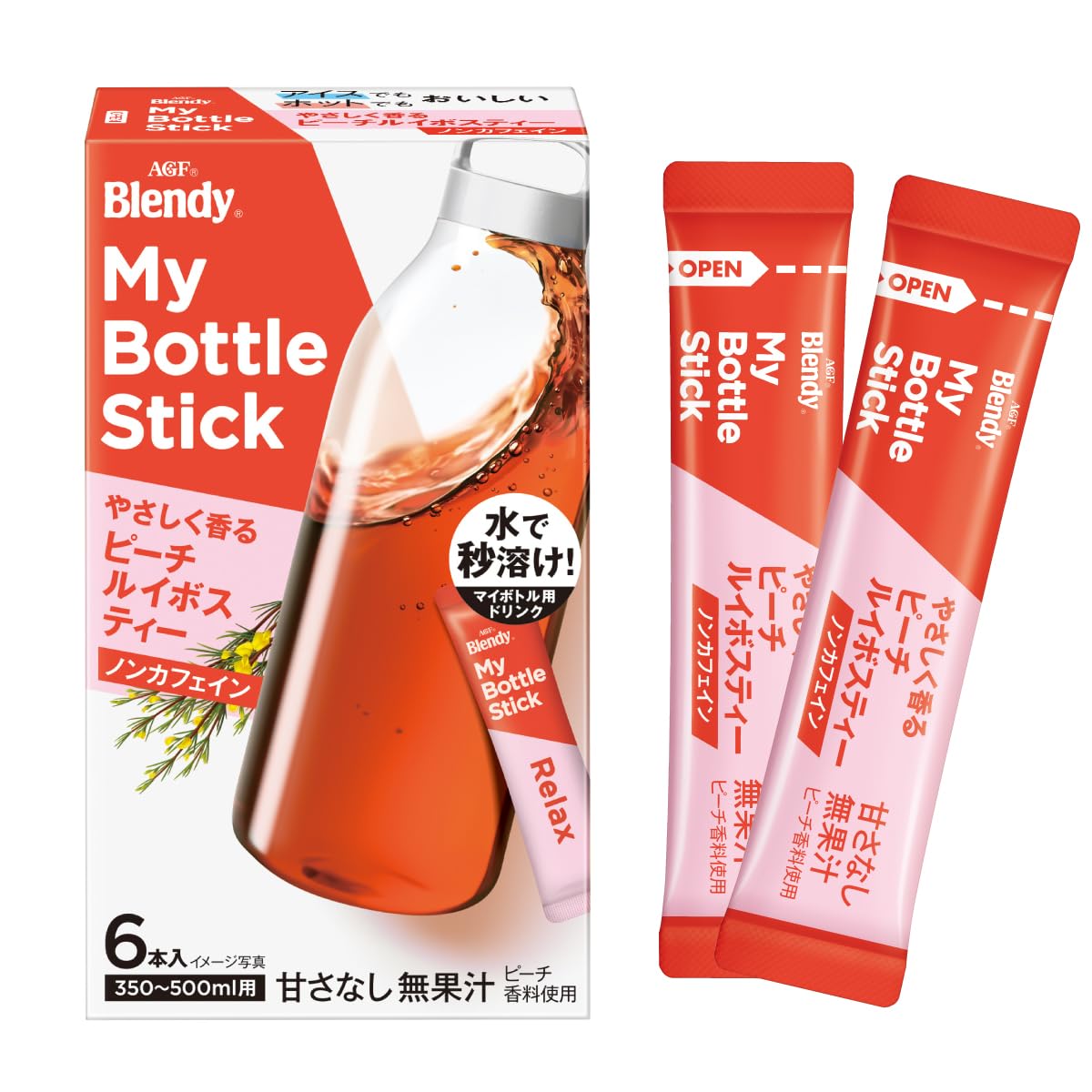 AGF Blendy My Bottle Stick Caffeine-Free Tea Sticks, 6 Sticks, Peach Rooibos, Muscat Rooibos Or Healing 4-Type Blend Tea