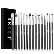 Beili 15-Piece Eye Makeup Brush Set, Goat Hair, Horse Hair and Nylon Eyeshadow, Blending, Eyeliner and Eyebrow Brushes with Birch Handles and Aluminium Ferrules, Black