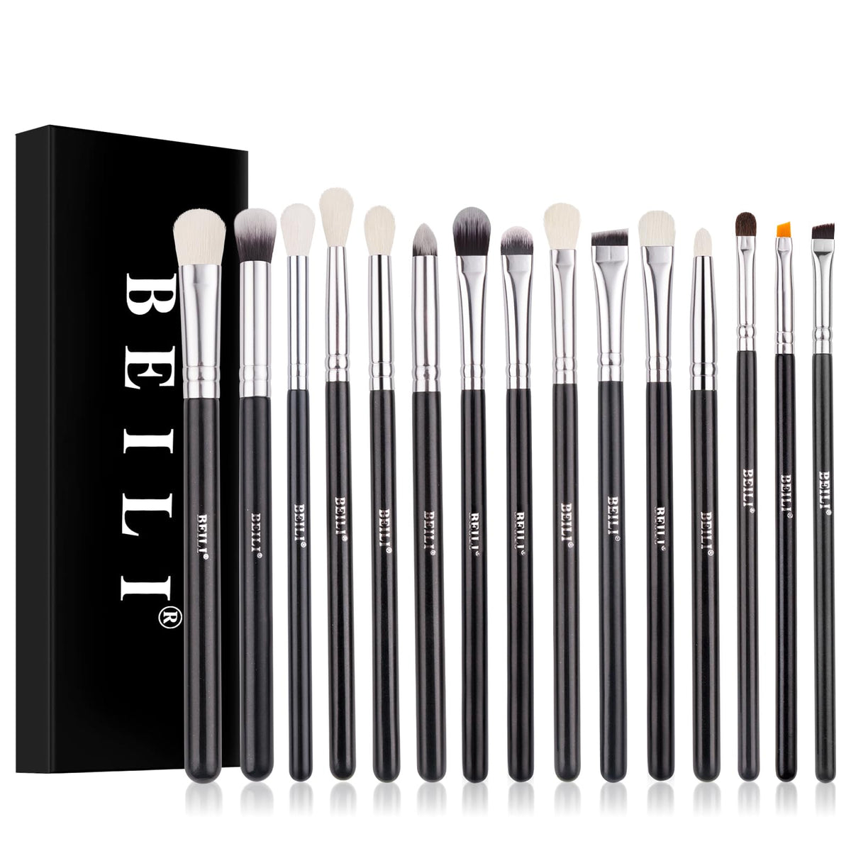 Beili 15-Piece Eye Makeup Brush Set, Goat Hair, Horse Hair and Nylon Eyeshadow, Blending, Eyeliner and Eyebrow Brushes with Birch Handles and Aluminium Ferrules, Black