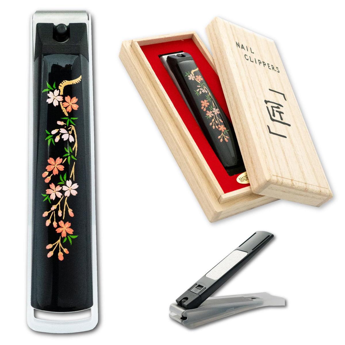 Maki-e Lacquer Nail Clipper in a Paulownia Wood Gift Box, Large Stainless Straight-Edge Clipper Made in Japan, Weeping Cherry, Thousand Cranes or Mt. Fuji and Sakura