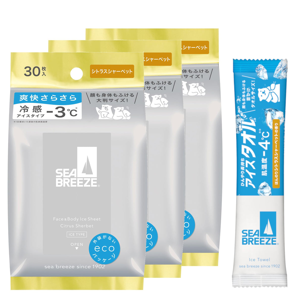 Sea Breeze Face and Body Wipe Sheets, Ice Type or Regular, 30 Sheets x 3 Set + Sample, 7 Scents
