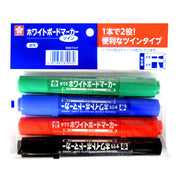 SAKURA Whiteboard Marker Twin 4 Colour Set WBKT4-P, Medium Round 2 mm and Bold Chisel 5.5 mm Tips, Refillable Oil-Based Ink, Black Red Blue Green