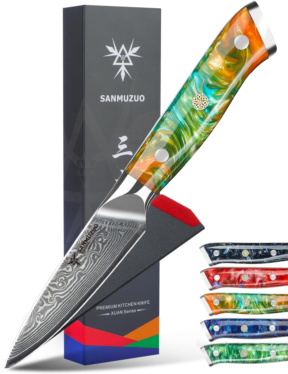 SANMUZUO Xuan Series 3.5 Inch Damascus Steel Paring Knife with Resin Handle