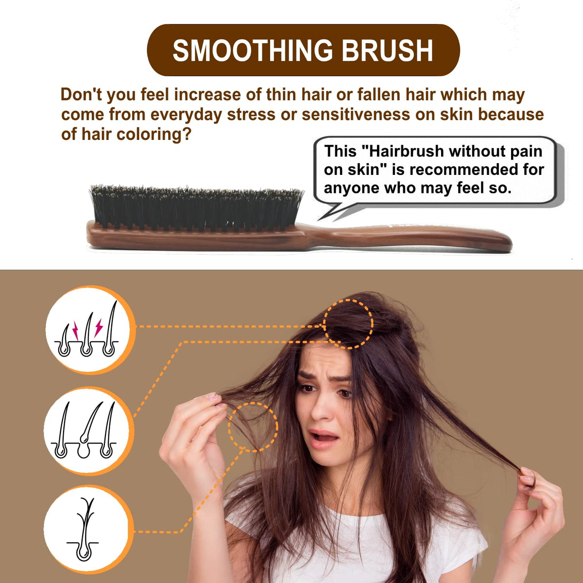 VESS Hairbrush Without Pain on Skin, Natural Hog Bristle Brushing Brush, JI-1300
