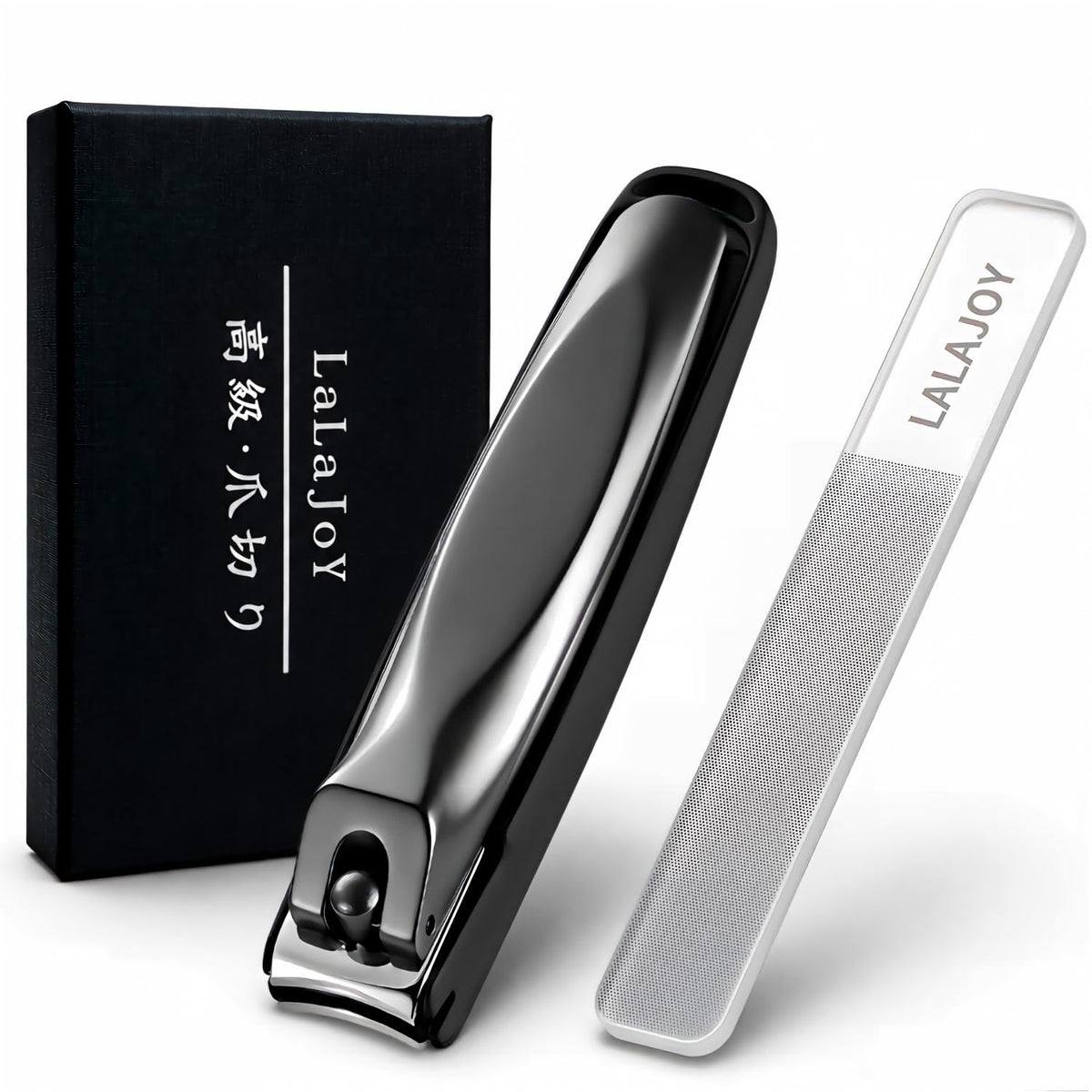 LaLaJoY Stainless Steel Nail Clipper Set, Black Nail Clipper with Clippings Cover, Built-In File and Glass Nail File