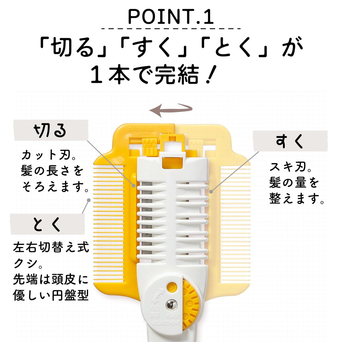 Green Bell Dial Hair Cutter with Comb, Two-Way Cutting and Thinning Hair Cutter with a 5-Step Dial and Replaceable Blade, Yellow, Made in Japan