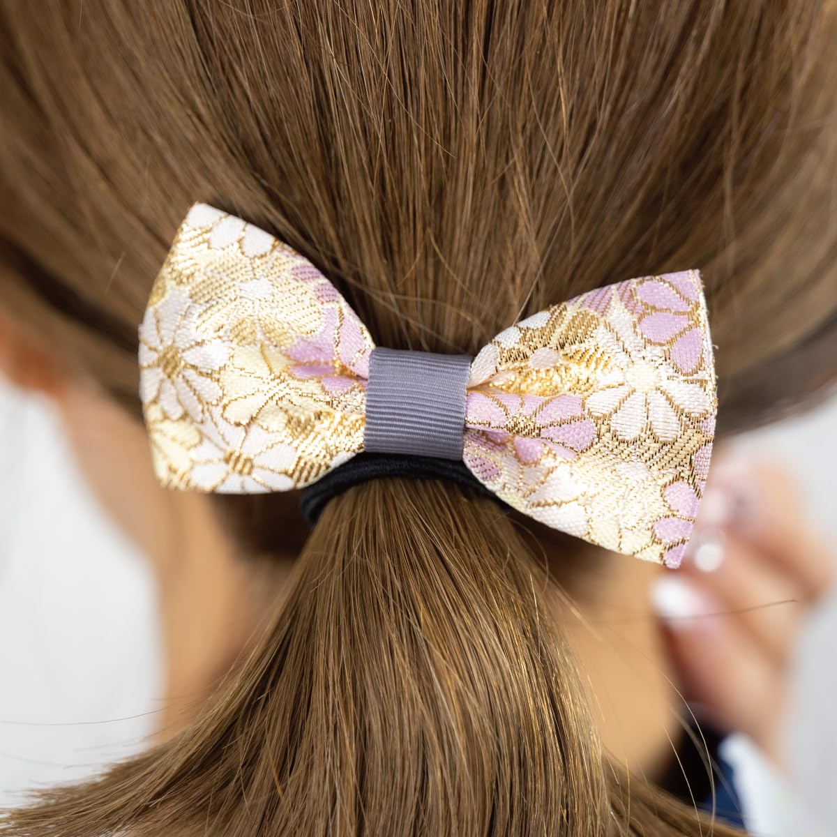 Nishijin-Ori Bow Hair Tie for Women, Made in Japan Kyoto Gold Brocade Floral Two-Tone Elastic Hair Band