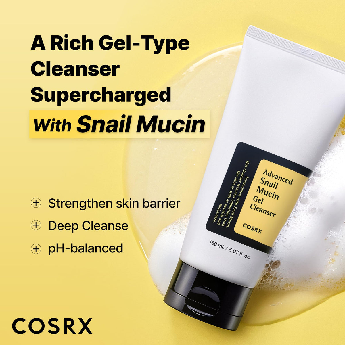 COSRX Advanced Snail Mucin Gel Cleanser, pH-Balanced Gel Face Wash with 10,000 ppm Snail Secretion Filtrate, 150 mL