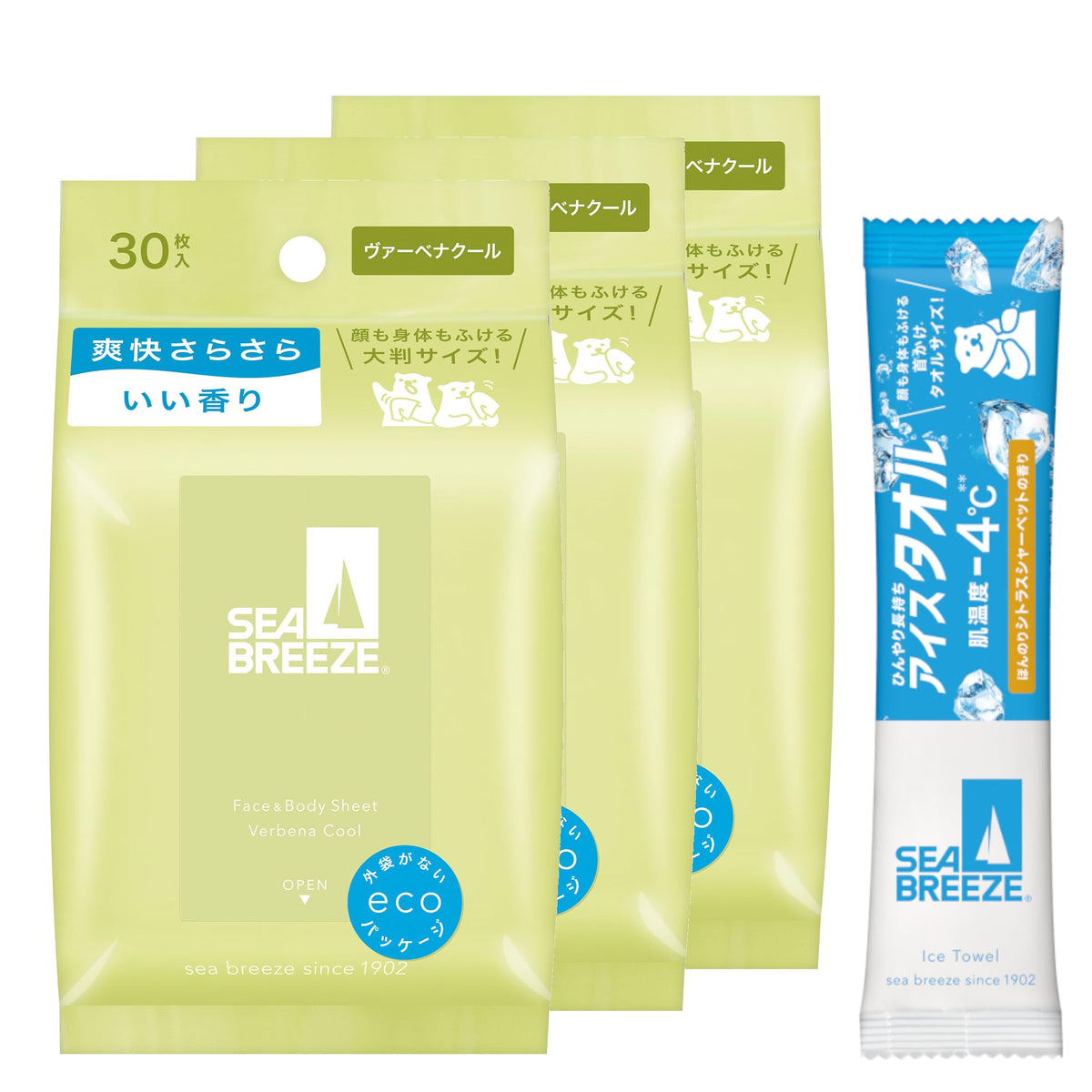 Sea Breeze Face and Body Wipe Sheets, Ice Type or Regular, 30 Sheets x 3 Set + Sample, 7 Scents