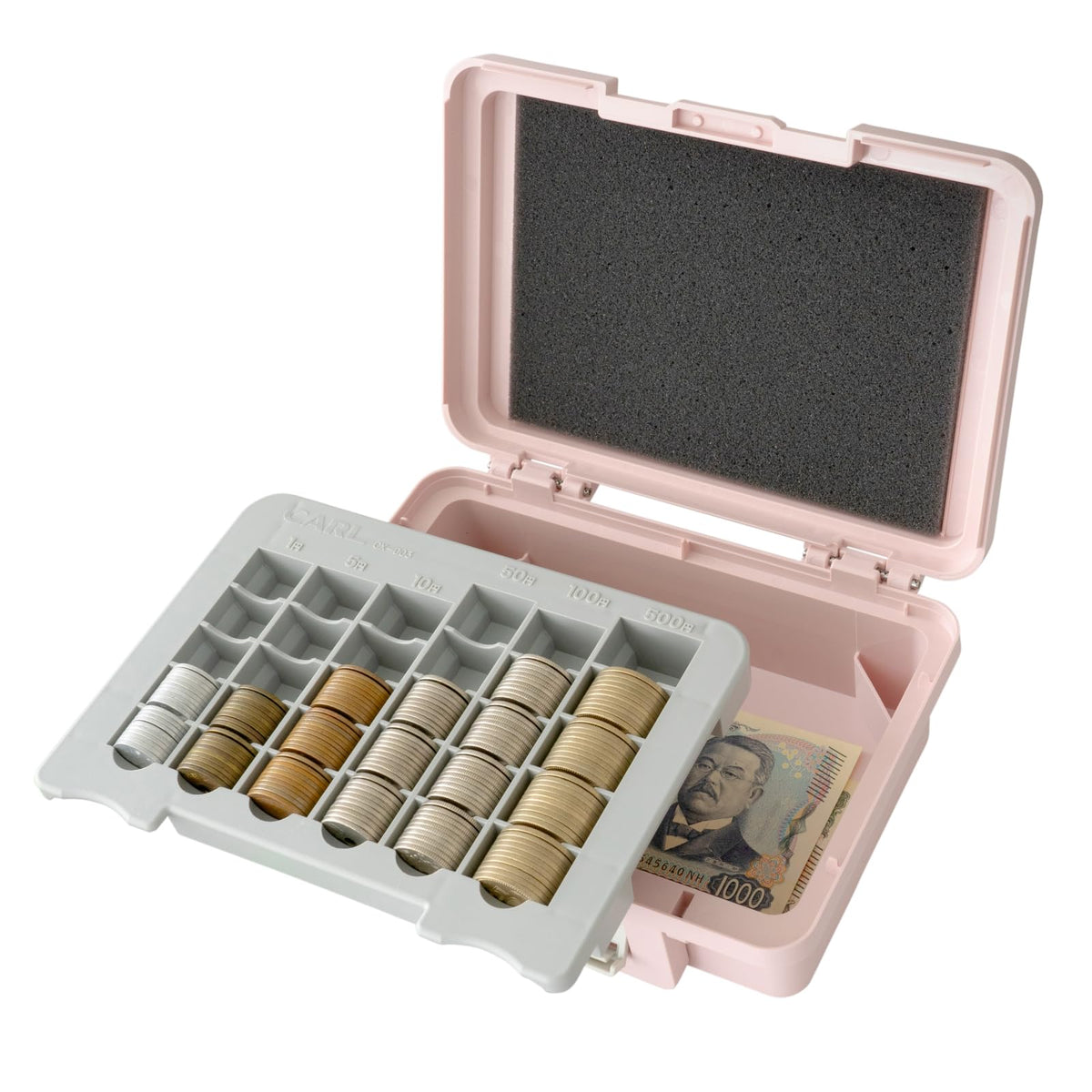 CARL Portable Cash Case CX-003, Plastic Coin and Banknote Box with Coin Tray and Mechanical Code Lock, Holds 50 of Each Coin and About 300 Notes, 201 x 150 x 73 mm and 370 g, White, Light Green or Pink, Made in Japan