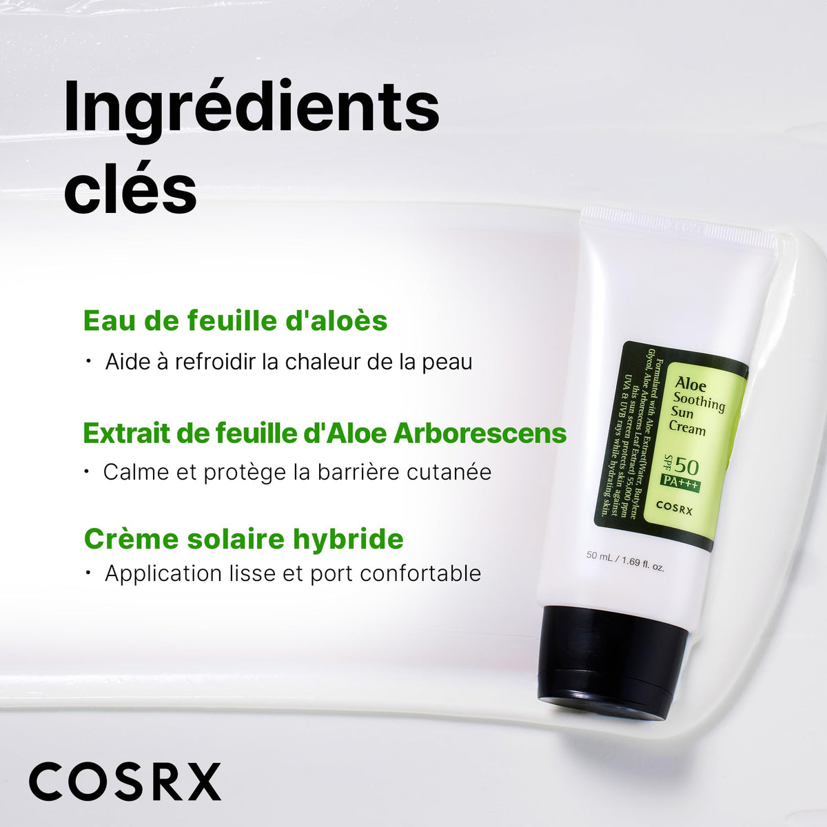 COSRX Aloe Soothing Sun Cream, SPF50+ PA+++ Lightweight Hybrid Sunscreen with 55,000 ppm Aloe Leaf Extract, 50 mL