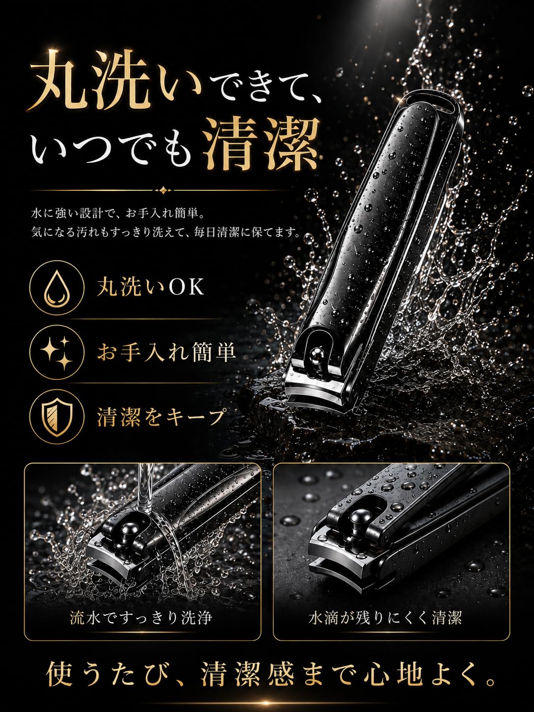 WFW Nail Clipper, Black Stainless Steel Nail Clippers with Curved Blade, Splatter Guard and Built-in File for Hands and Feet